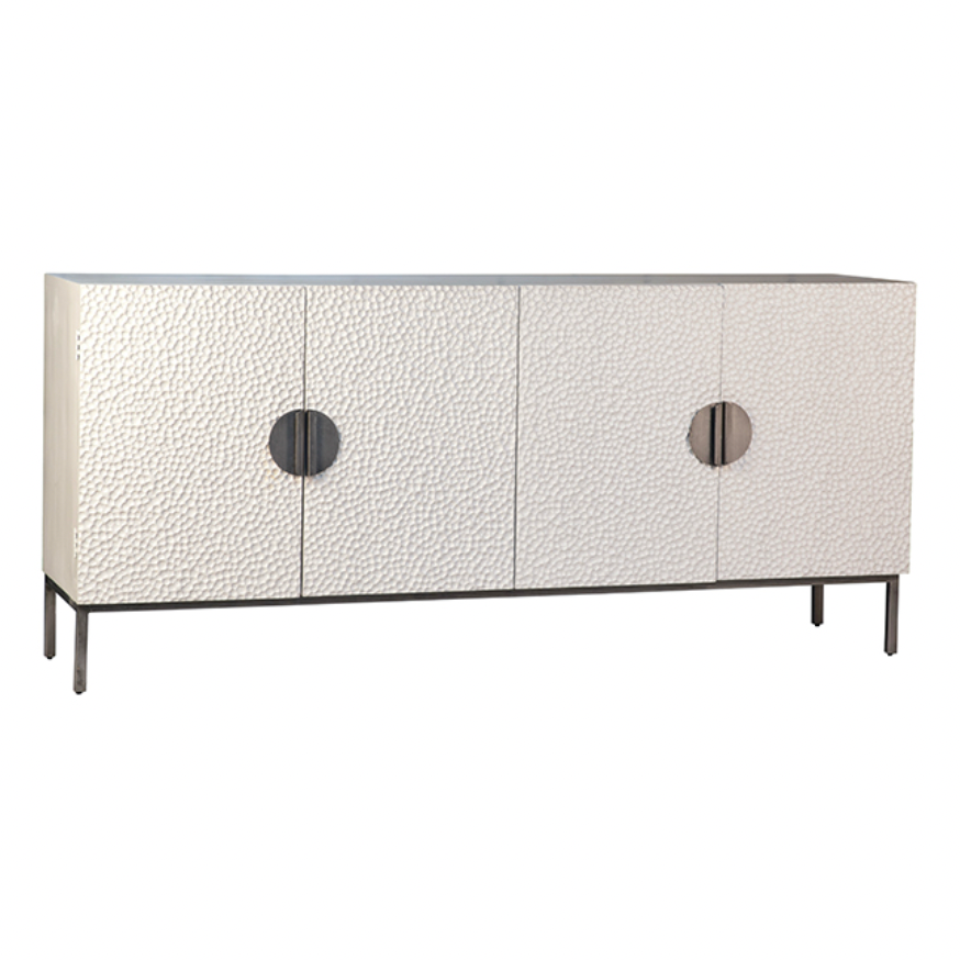 The textured doors of this Sandwell Sideboard are everything. We love that the antique silver iron handles open to shelves for ultimate storage and functionality.  Reclaimed Pine White With Sand Blasted Iron  Antique Silver Iron