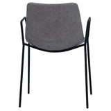Simple yet striking, this dining chair is ideal for your contemporary dining area. Featuring PU leather seating in a light grey color and a sleek black metal frame. This dining chair is the ultimate seating option for your modern space. Amethyst Home provides interior design, new home construction design consulting, vintage area rugs, and lighting in the Tampa metro area.