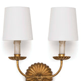 This Clove Double Sconce features antique gold leaf finish, with two antique-inspired candle holding crisp, modern shades -- a unique sconce for any hallway, living room, or dining room.   Overall Dimensions: 13.75"w x 7.5"d x 15.75"h