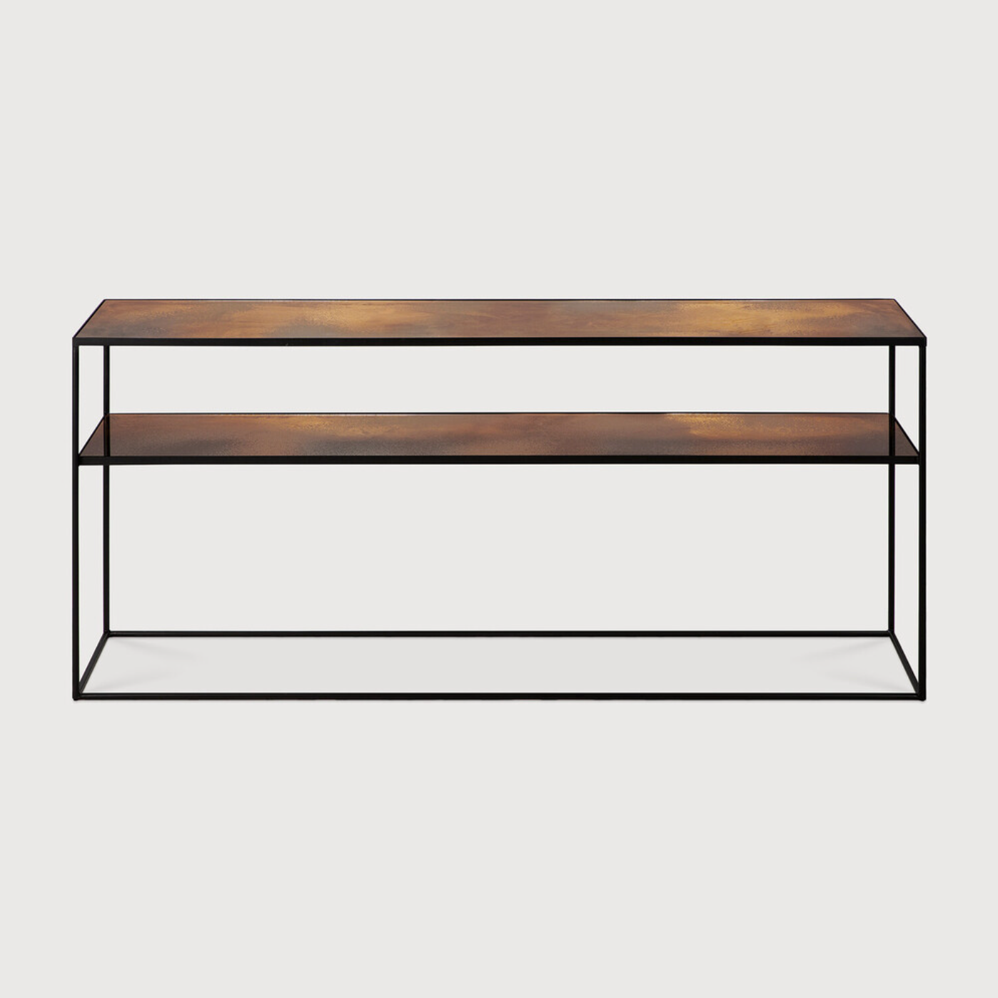 The sleek simplicity of the Bronze Sofa Console makes for a graceful addition to your home. Its large mirror surface is the perfect place to display a selection of your favorite souvenirs, eye-catchers or valet trays. We would place this versatile piece in an entry hall or living room space.  Dimensions: 63"w x 14.5"d x 28"h  Weight: 69 lbs  Material: Mirror top, black metal frame
