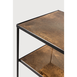 The sleek simplicity of the Bronze Sofa Console makes for a graceful addition to your home. Its large mirror surface is the perfect place to display a selection of your favorite souvenirs, eye-catchers or valet trays. We would place this versatile piece in an entry hall or living room space.  Dimensions: 63"w x 14.5"d x 28"h  Weight: 69 lbs  Material: Mirror top, black metal frame