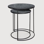 Featuring a heavy aged mirror surface, this Charcoal Nesting Side Table Set brings a unique look to any space. Place beside the sofa, sitting next to your bed, or as a complementary piece to a work of art, its adaptability offers many possibilities.  Dimensions: 22.5"w x 22.5"d x 27.5"h   Material: Mirror