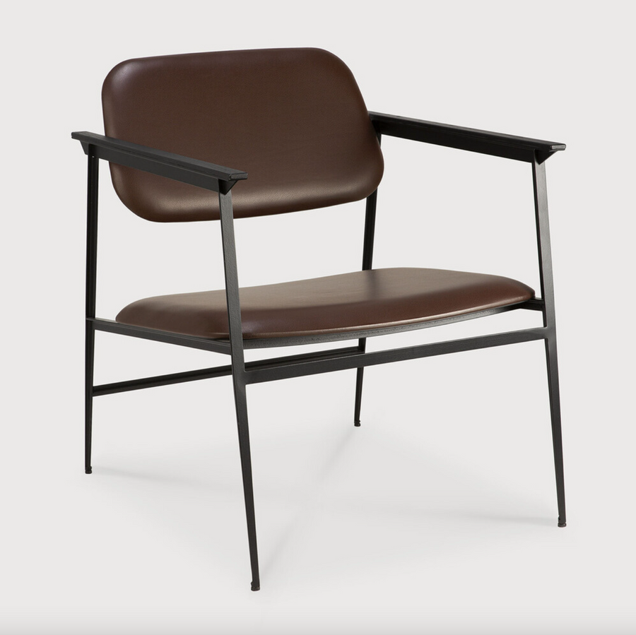 We love the DC lounge chair's airy contours and minimalist design. This deep-seated design works well as a stand alone piece in an office or bedroom, or as a pair for an inviting lounge setting in your living room!  Dimensions: 24"w x 26"d x 29"h  Weight: 39 lbs  Seat Height: 16"  Material: Metal Finish: Chocolate Leather Upholstery