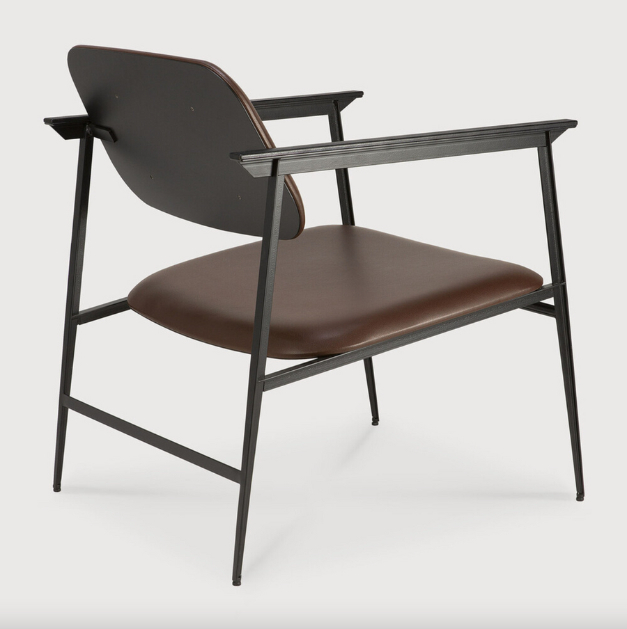 We love the DC lounge chair's airy contours and minimalist design. This deep-seated design works well as a stand alone piece in an office or bedroom, or as a pair for an inviting lounge setting in your living room!  Dimensions: 24"w x 26"d x 29"h  Weight: 39 lbs  Seat Height: 16"  Material: Metal Finish: Chocolate Leather Upholstery