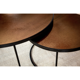 Featuring a heavy aged mirror surface, this Nesting Coffee Table Set - Bronze brings a vintage look with a modern twist to any living room or lounge area.   Dimensions: 36.5"w x 36.5"d x 16.5"h  Weight: 58 lbs  Material: Mirror