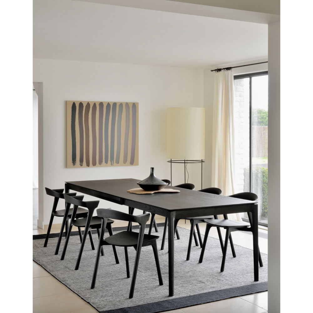 Featuring Oak Bok Extendable Dining Table - Black by Ethnicraft at Amethyst Home. This Oak Bok Extendable Dining Table is perfect for families who want extra space when their kids, extended family, or guests come to celebrate! Its airy shape yet rock solid construction make this piece a timeless and remarkable design to enjoy for years to come.
Dimensions .  Amethyst Home provides interior design, new home construction design consulting, vintage area rugs, and lighting in the Charlotte metro area.