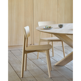 The Casale chair boasts straight lines that form a smooth, delicate shape and effortless design that makes this graceful chair perfect for almost any style dining room or kitchen!   Dimensions: 18"w x 20.5"d x 31.5"h  Weight: 13 lbs  Seat Height: 18"  Material: Oak, 100% solid wood Finish Options: Oiled or Varnished Select Varnished for extra protection. 