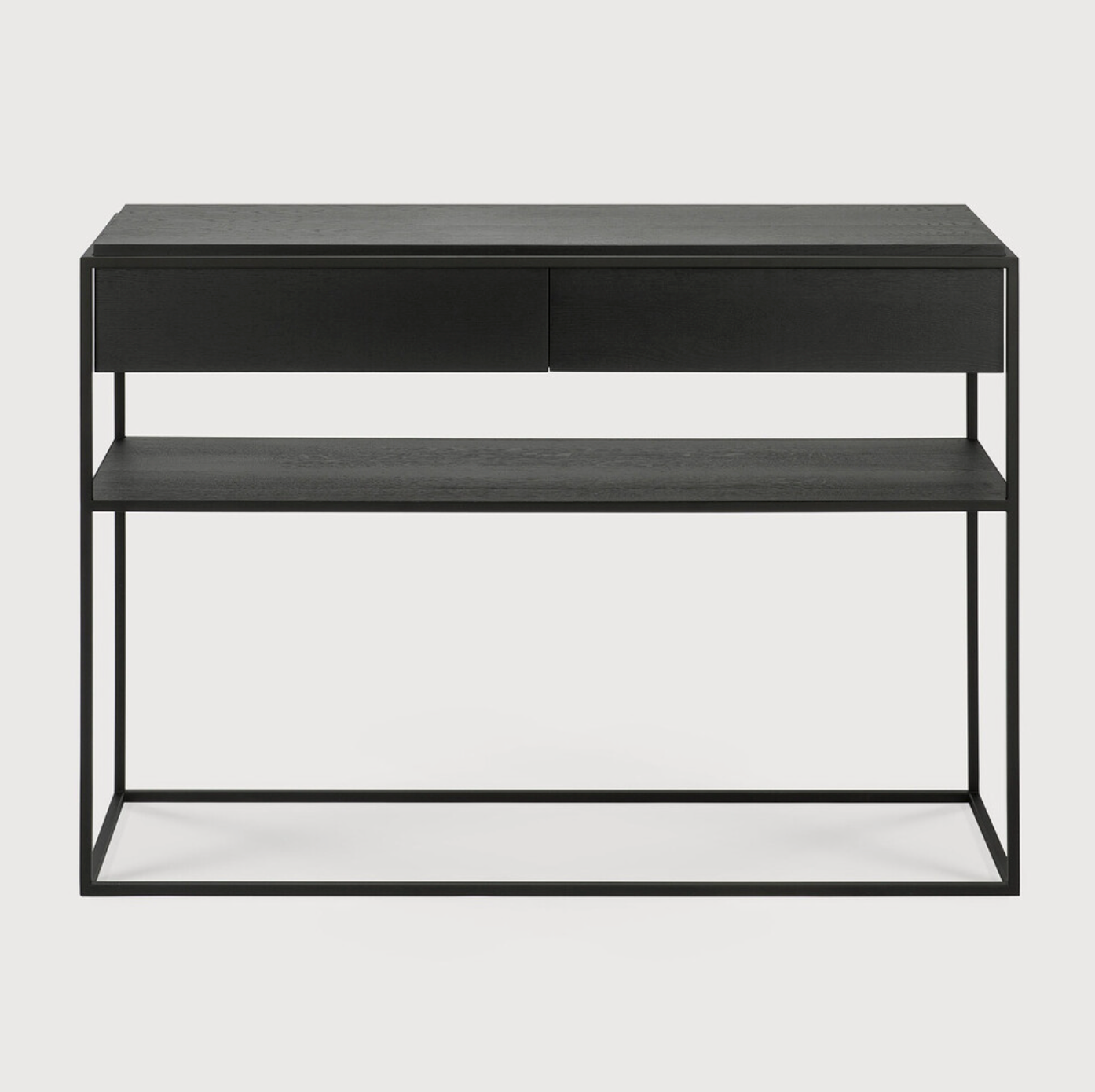 Balance and function come together in the Monolit console table. This simple, sleek table includes storage and we LOVE hidden storage! Dress up your living room or office with a piece that is both functional and stylish!  Dimensions: 48.5"w x 16"d x 33.5"h  Weight: 77 lbs  Material: Oak, 100% solid wood Finish: Varnished