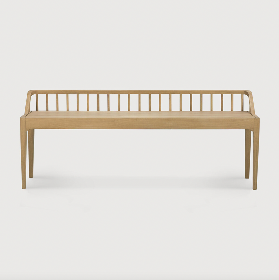 Wherever you choose to place it, this Oak Spindle Bench in solid oak is a striking piece. We'd love to see this styled with an Amethyst Pillow in your entryway, bedroom, or other space!   Dimensions: 59.5"w x 14"d x 24"h  Seat Height: 18" Weight: 28 lbs  Material: Oak, 100% Solid Wood Finish: Oiled