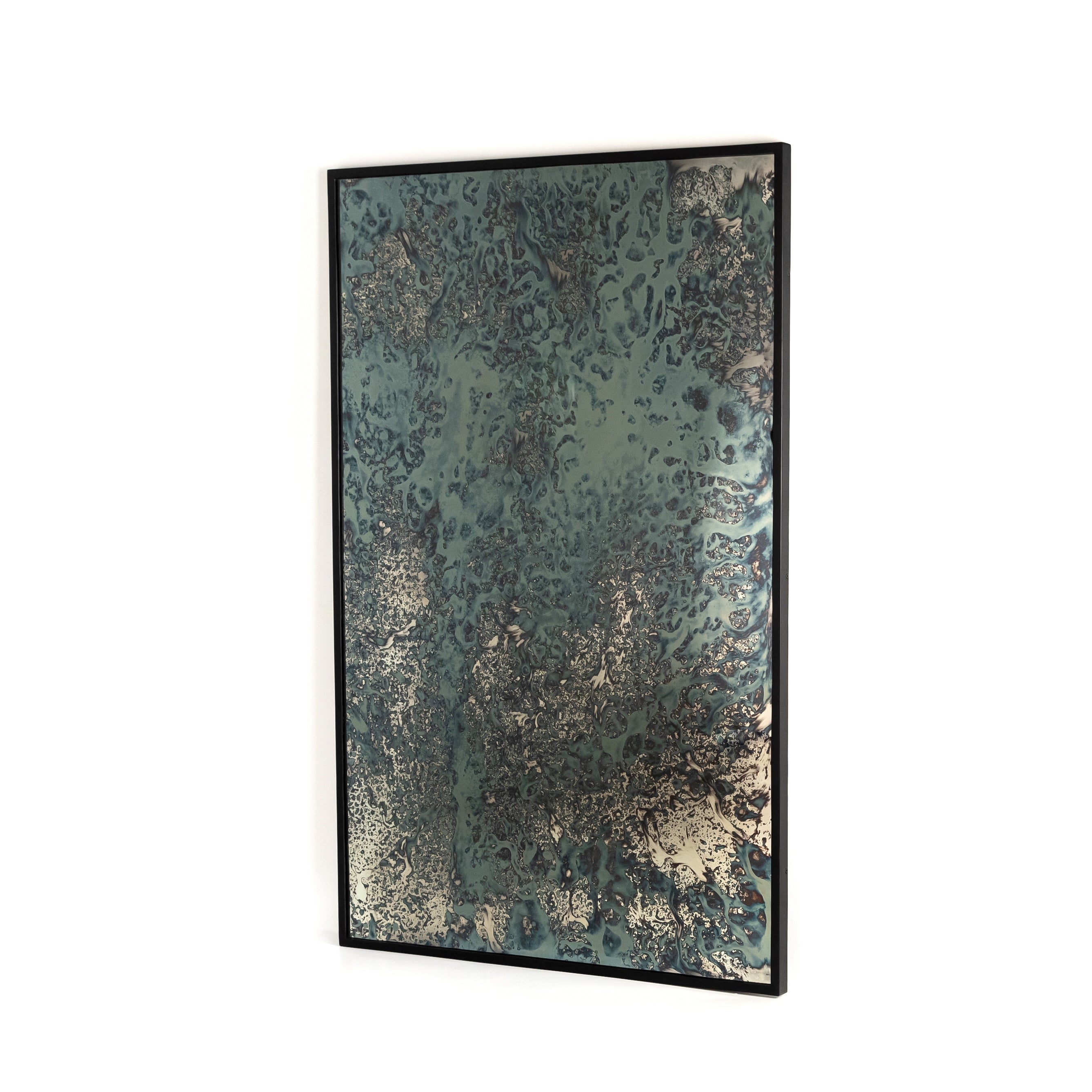 We love the artistic reflection of this Acid Wash Floor Mirror - Iron Matte Black. Black-finished iron forms a clean, rectangular frame for acid-washed mirror with hand-painted blue hues - your new favorite mirror for any room!  Overall Dimensions: 53.50"w x 1.50"d x 80.50"h