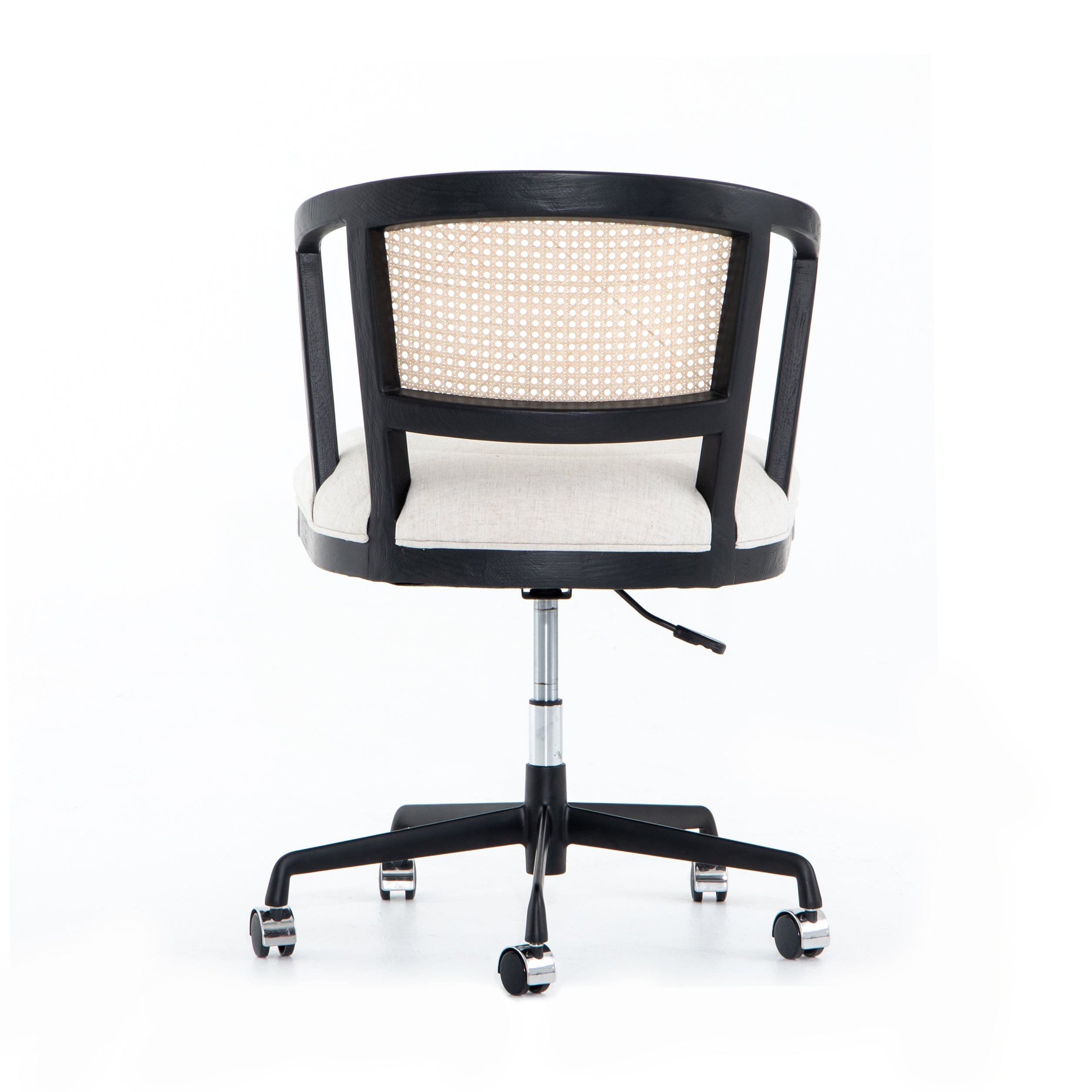 We love the retro look of this Alexa Desk Chair - Brushed Ebony. The brushed ebony nettle wood frames a textural inlay of natural cane, with linen-blend seating of high-performance fabric. The swivel base makes this the perfect chair for any office!  Overall Dimensions: 24.50"w x 25.50"d x 31.00"h