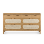 This Allegra 8 Drawer Dresser - Natural Cane is made of a gorgeous, honey-finished oak. With eight spacious drawers and wood-backed cane paneling, the soft, neutral look brings to life to any bedroom.   Overall Dimensions: 61.00"w x 18.00"d x 33.00"h