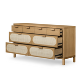 This Allegra 8 Drawer Dresser - Natural Cane is made of a gorgeous, honey-finished oak. With eight spacious drawers and wood-backed cane paneling, the soft, neutral look brings to life to any bedroom.   Overall Dimensions: 61.00"w x 18.00"d x 33.00"h