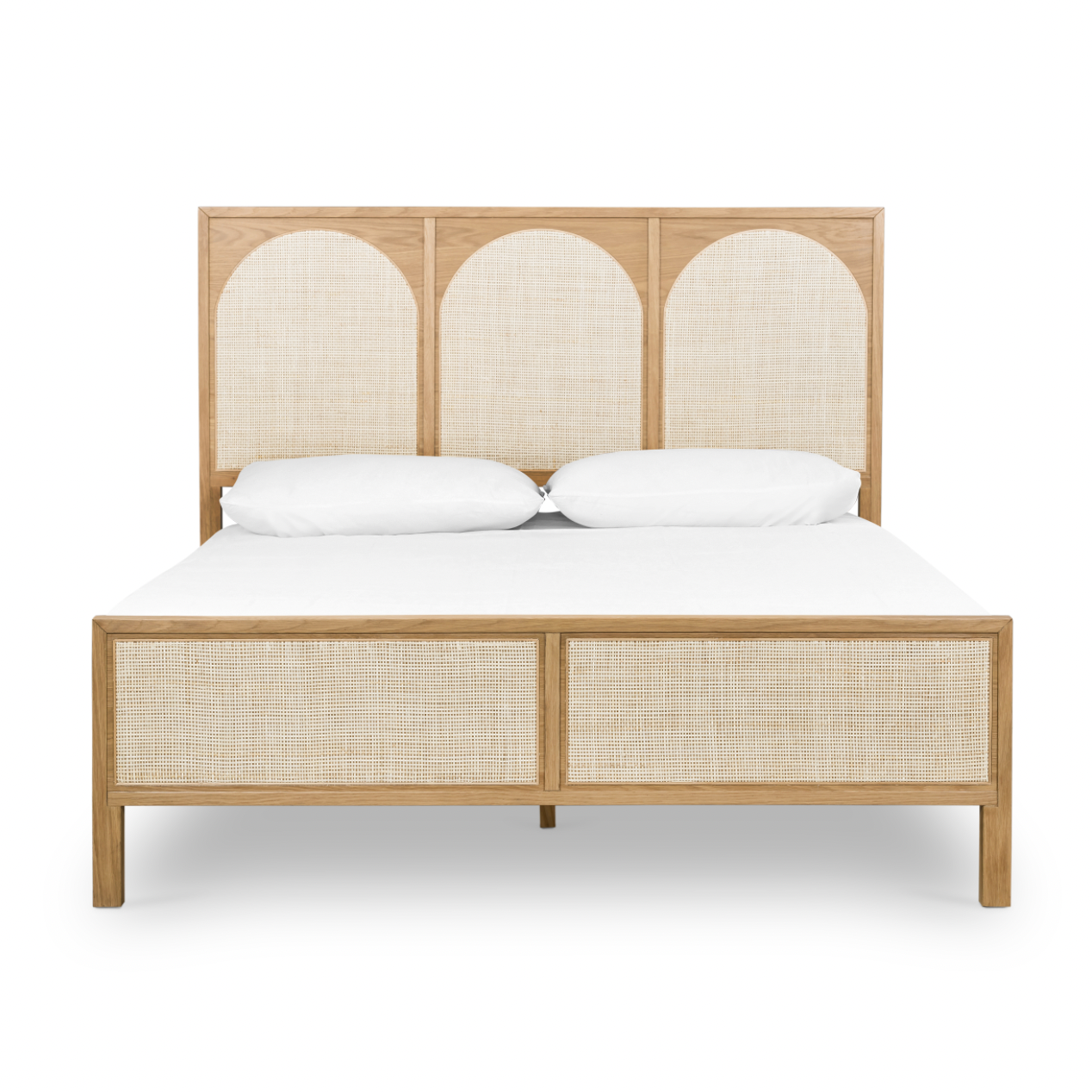 This light oak Allegra Bed frame features wood-backed cane arches and panel footboard detailing, for a soft, neutral look with lasting modernity. Pair with the Allegra Dresser to complete the whole look.   Queen Overall Dimensions: 63.00"w x 84.00"d x 48.00"h King Overall Dimensions: 79.00"w x 84.00"d x 48.00"h