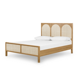 This light oak Allegra Bed frame features wood-backed cane arches and panel footboard detailing, for a soft, neutral look with lasting modernity. Pair with the Allegra Dresser to complete the whole look.   Queen Overall Dimensions: 63.00"w x 84.00"d x 48.00"h King Overall Dimensions: 79.00"w x 84.00"d x 48.00"h