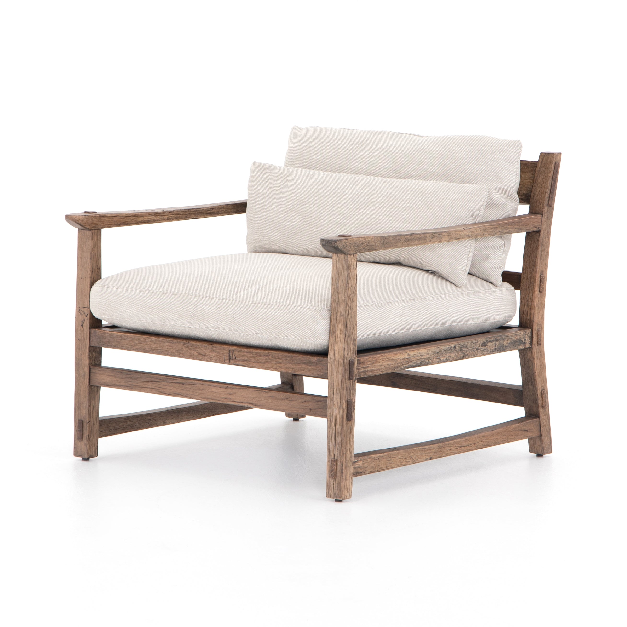 We love the oak frame of this Apollo Chair - Rustic Oak. The plush feather-blend seating has double-stacked knife-edge pillows for added comfort for any living room, office, or other area.  Overall Dimensions: 30.75"w x 32.50"d x 27.50"h