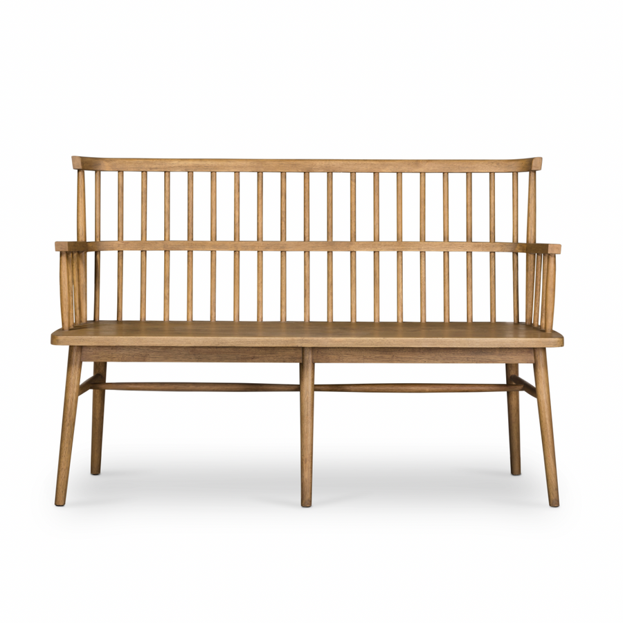 We love the sandy finish of this Aspen Bench - Sandy Oak. It brings a natural, fresh look to any living room, dining room, or other area.   Size: 53.25"w x 21.25"d x 35.75"h Colors: Sandy Oak Materials: Oak