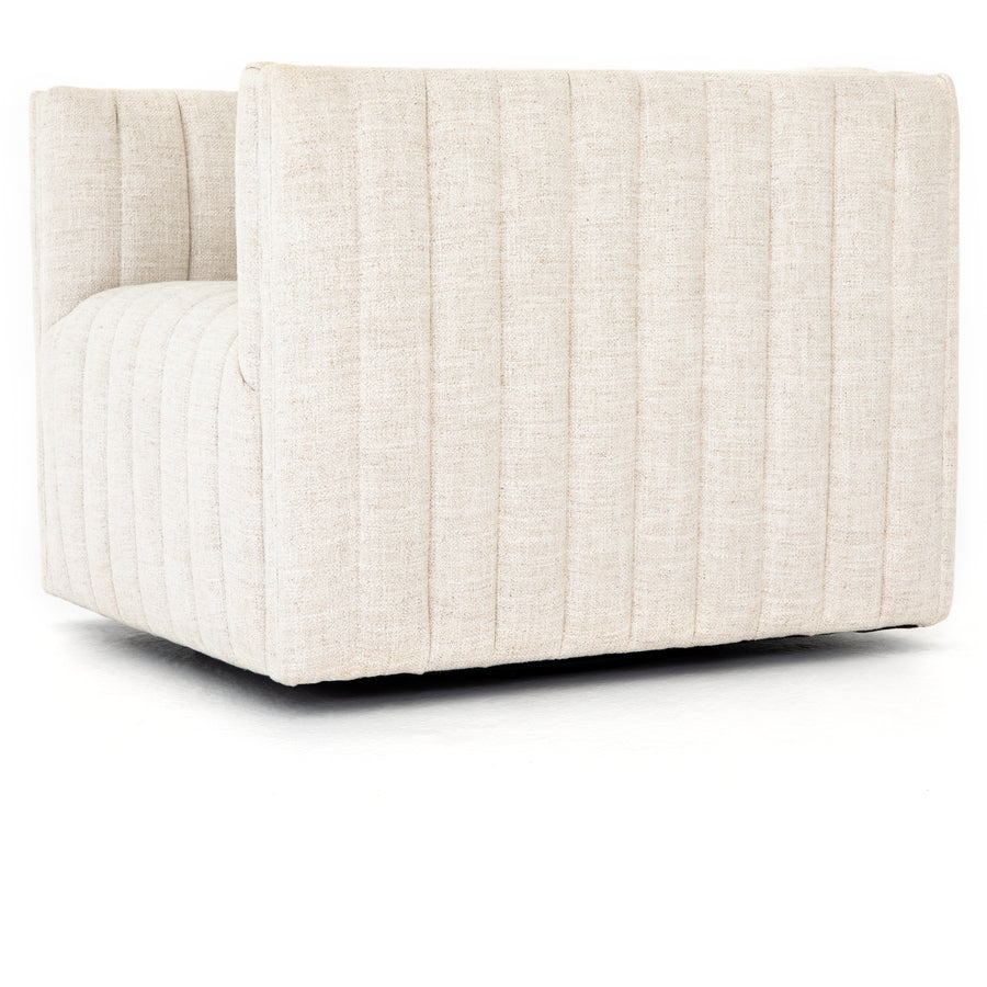 You will love the dramatic channeling of this Augustine Cream Swivel Chair. The swivel feature sets this apart from other chairs and is a great choice for any living room or media room. This chair is comfort wrapped in soft linen blend making this everyone's favorite chair.  Overall Dimensions: 32.00"w x 34.00"d x 26.50"h Seat Depth: 23" Seat Height: 17" Arm Height from Floor: 26.5" Arm Height from Seat: 9.5"  Colors: Dover Crescent Materials: Viscose / Poly / Linen Blend