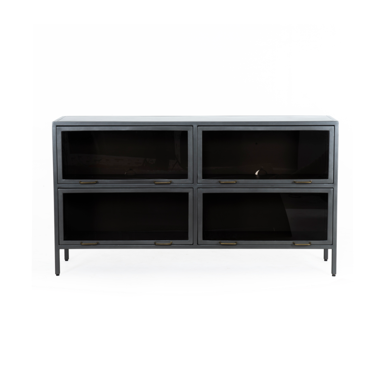 Inspired by the stackable barrister-style shelving, the Aviva Barrister Sideboard has iron casing finished in a gunmetal for a fresh industrial look, with smoked glass panes with brass hardware cover door fronts, each lifting to spacious compartments for storage of media, tableware and more.  Overall Dimensions: 65"w x 15"d x 36.5"h Colors: Smoked Glass, Flat Brass, Gunmetal Materials: Glass, Iron
