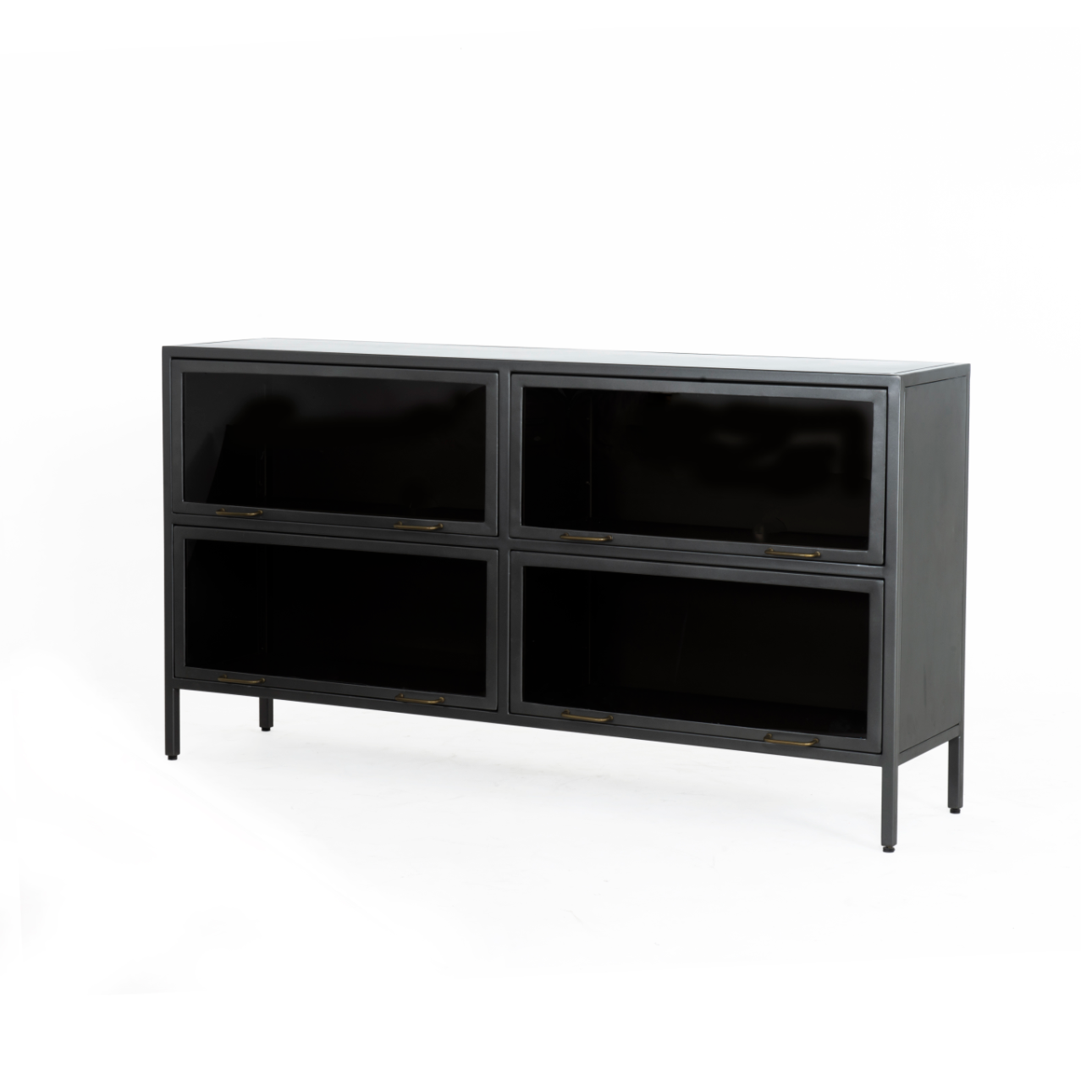 Inspired by the stackable barrister-style shelving, the Aviva Barrister Sideboard has iron casing finished in a gunmetal for a fresh industrial look, with smoked glass panes with brass hardware cover door fronts, each lifting to spacious compartments for storage of media, tableware and more.  Overall Dimensions: 65"w x 15"d x 36.5"h Colors: Smoked Glass, Flat Brass, Gunmetal Materials: Glass, Iron