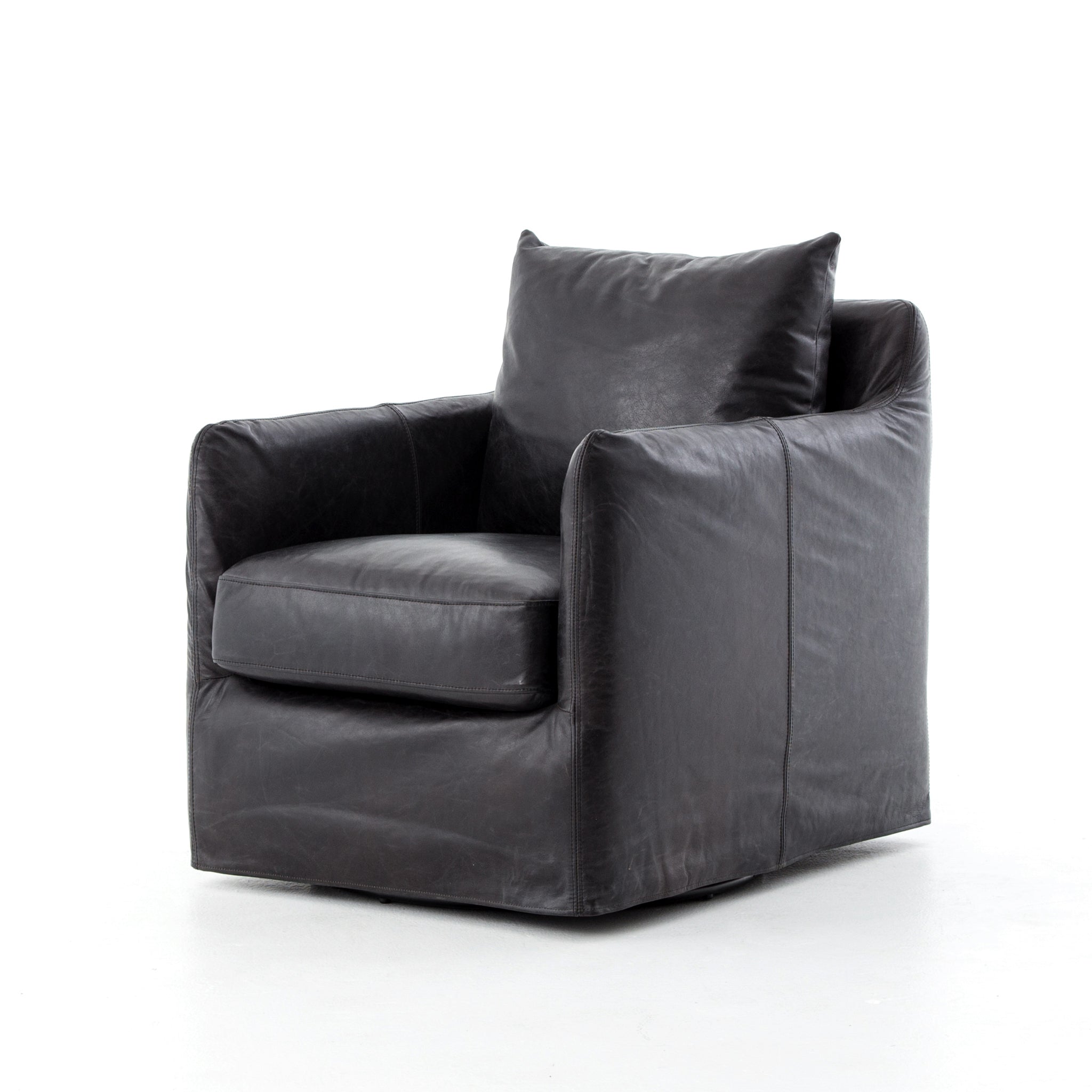 This Banks Swivel - Rider Black is a modern take on the swivel chair - small in scale and big in comfort. Luxuriously slipcovered in appealing top-grain ebony leather.  Overall Dimensions: 27.00"w x 35.50"d x 32.75"h