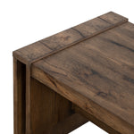 Finished in a rich, rustic brown, this Beam End Table - Rustic Fawn Veneer is a double alter-style end table of thick, hand-selected oak veneer. This features visible knots and graining for a beautifully salvaged look.  Overall Dimensions: 25.00"w x 20.00"d x 20.00"h