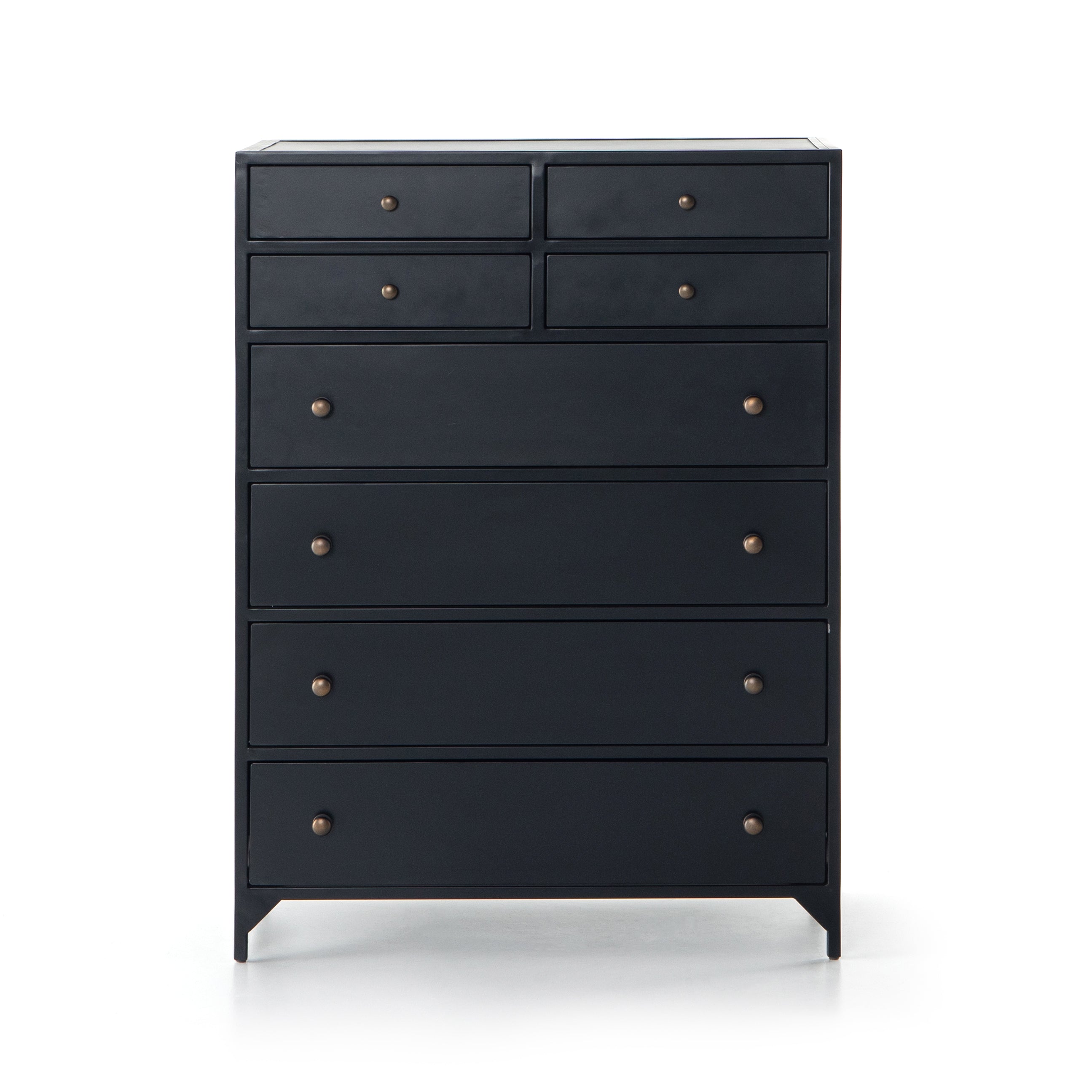Sleek and industrial-inspired, this Belmont 8 Drawer Tall Dresser has black iron that forms a tall, spacious eight-drawers dresser. The brass knobs bring a cool contrast to any bedroom.   Overall Dimensions: 35.50
