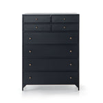 Sleek and industrial-inspired, this Belmont 8 Drawer Tall Dresser has black iron that forms a tall, spacious eight-drawers dresser. The brass knobs bring a cool contrast to any bedroom.   Overall Dimensions: 35.50"w x 19.75"d x 48.00"h  Colors: Black Materials: Iron