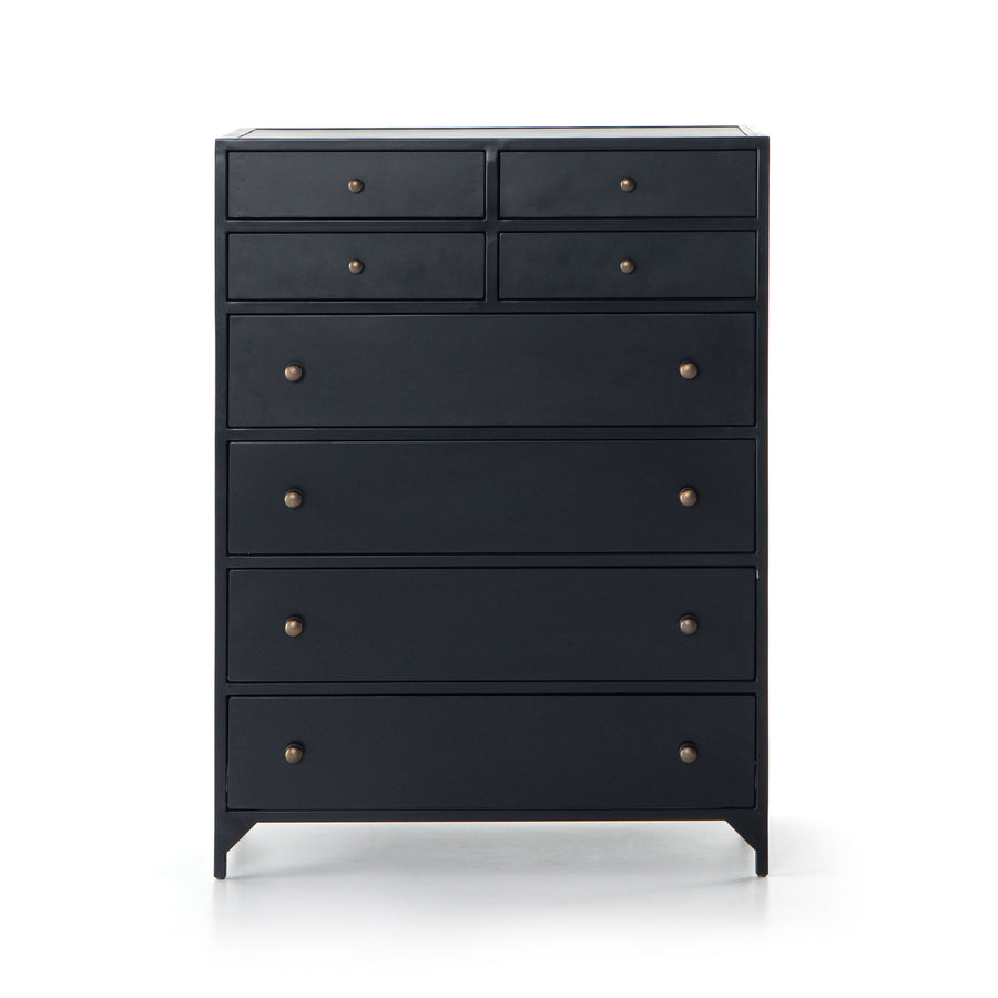 Sleek and industrial-inspired, this Belmont 8 Drawer Tall Dresser has black iron that forms a tall, spacious eight-drawers dresser. The brass knobs bring a cool contrast to any bedroom.   Overall Dimensions: 35.50"w x 19.75"d x 48.00"h  Colors: Black Materials: Iron