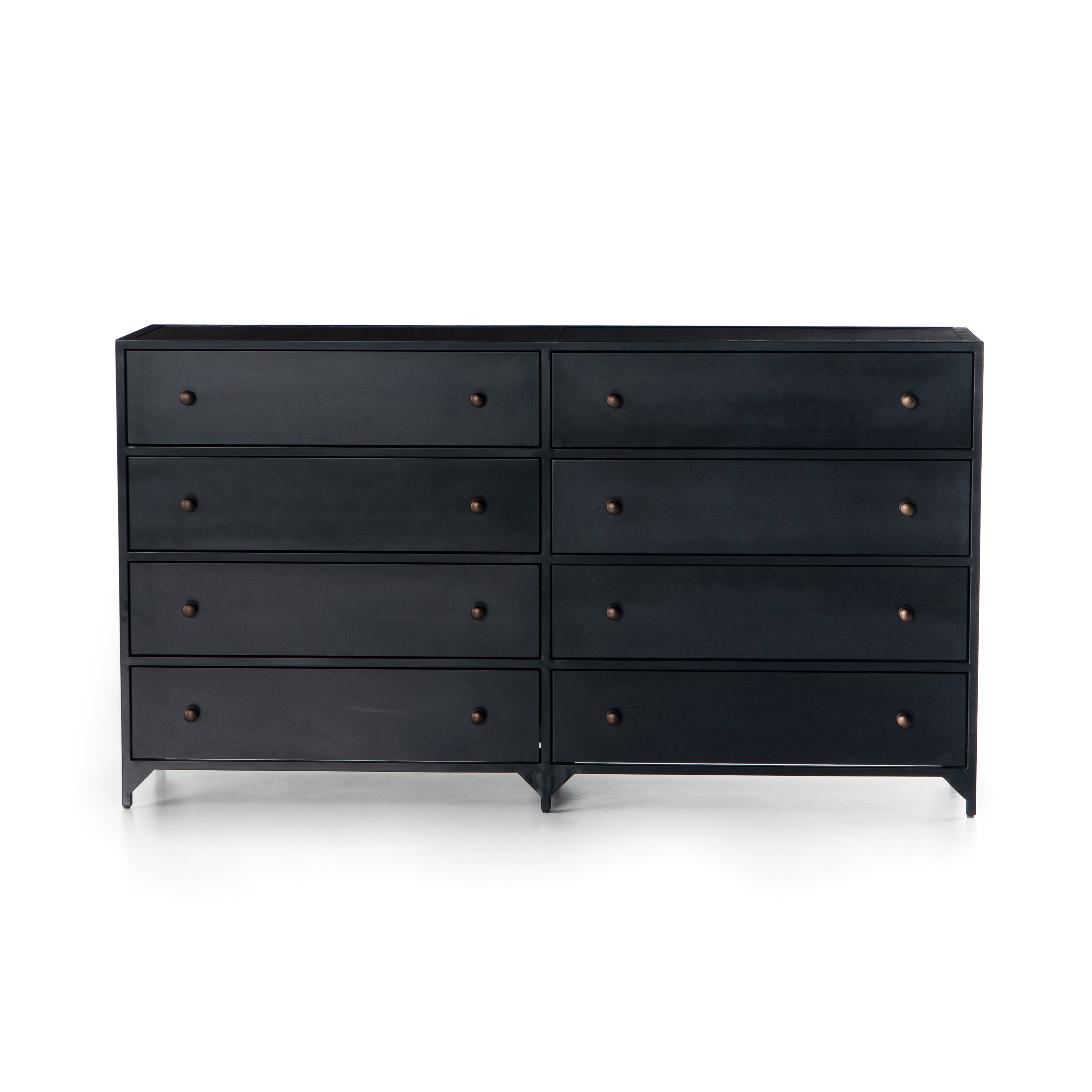 The brass knobs on this Belmont Black 8 Drawer Metal Dress give it a classy, antique look while also being the perfect vessel to store your clothes  Size: 70"w x 18.5"d x 38.5"h Colors: Black Materials: Iron
