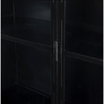 Display barware, books, or other treasures in an arch-topped cabinet. Solid iron sheeting is finished in soft, matte black with contrasting brass hardware.  Overall Dimensions: 39.50"w x 15.75"d x 92.50"h Colors: Black, Clear Glass Materials: Iron, Glass Weight: 235.89 lb