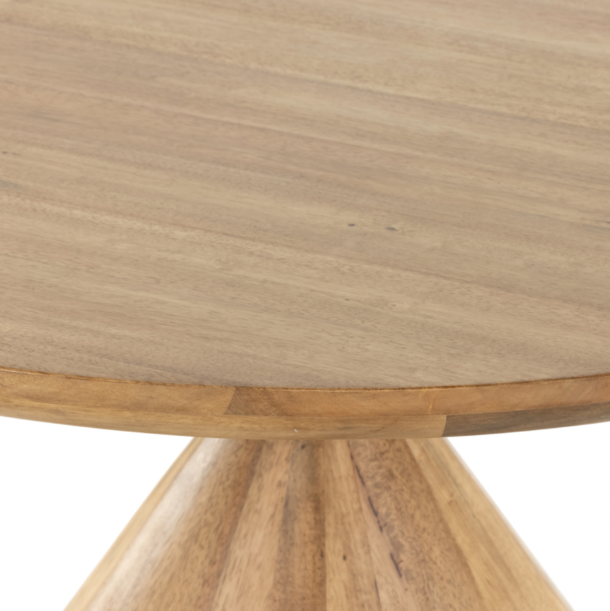 This Bibianna Dining Table - Smoked Honey is a sculptural showstopper inspired by Italian design. Finished in a smoked honey, a cone-tapered parawood base supports a roomy, rounded tabletop separated by blush-finished marble detailing. Seats six comfortably.  Overall Dimensions: 60.00"w x 60.00"d x 30.50"h
