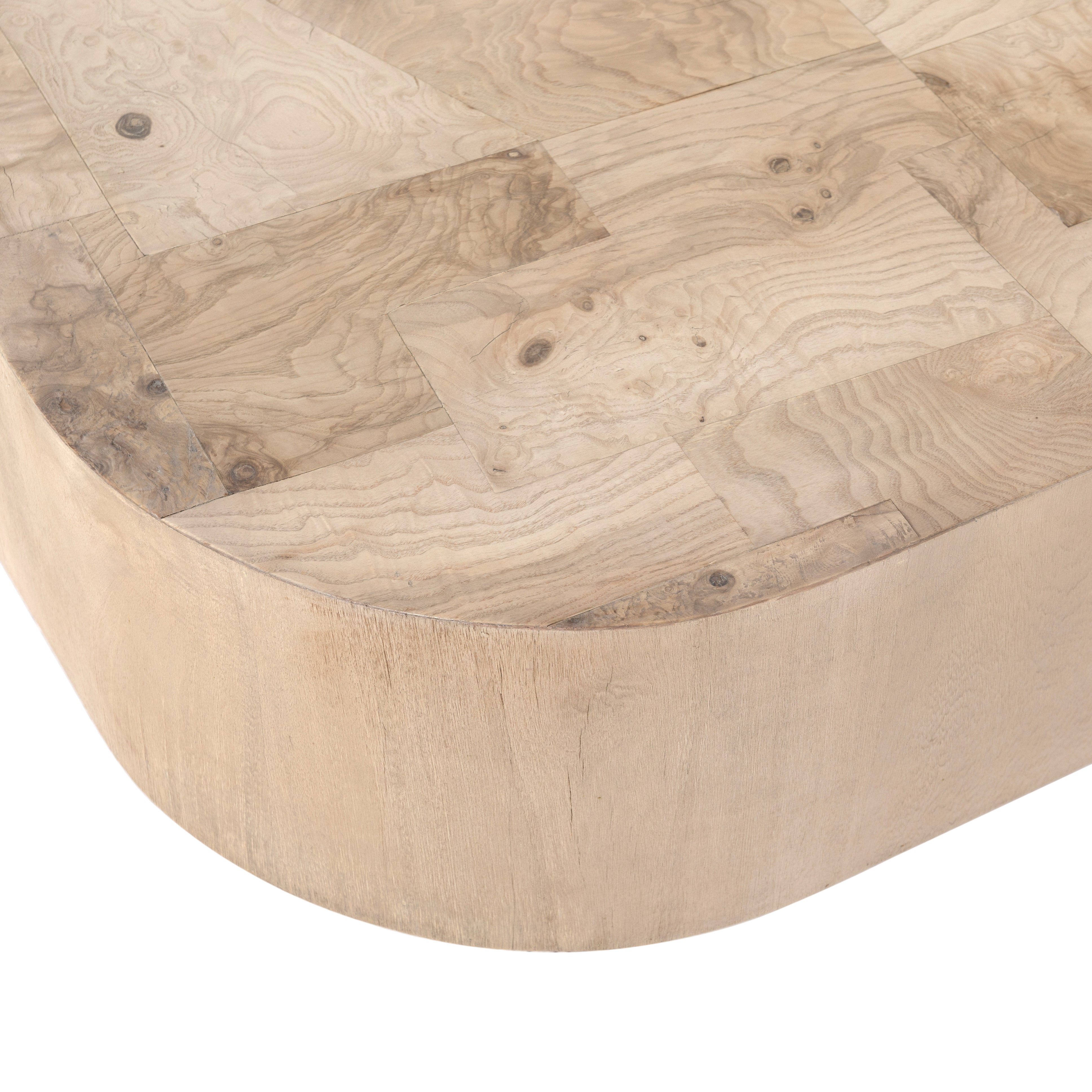 Made from bleached ash burl, this Blanco Coffee Table - Bleached Burl is a soft-squared tabletop featuring a patchwork pattern to bring novel movement to the modern coffee table. Finished in an ashen walnut, mahogany veneer sides and an inset base complete a beautifully light look for any living room or lounge area.   Overall Dimensions: 40.00"w x 40.00"d x 16.00"h