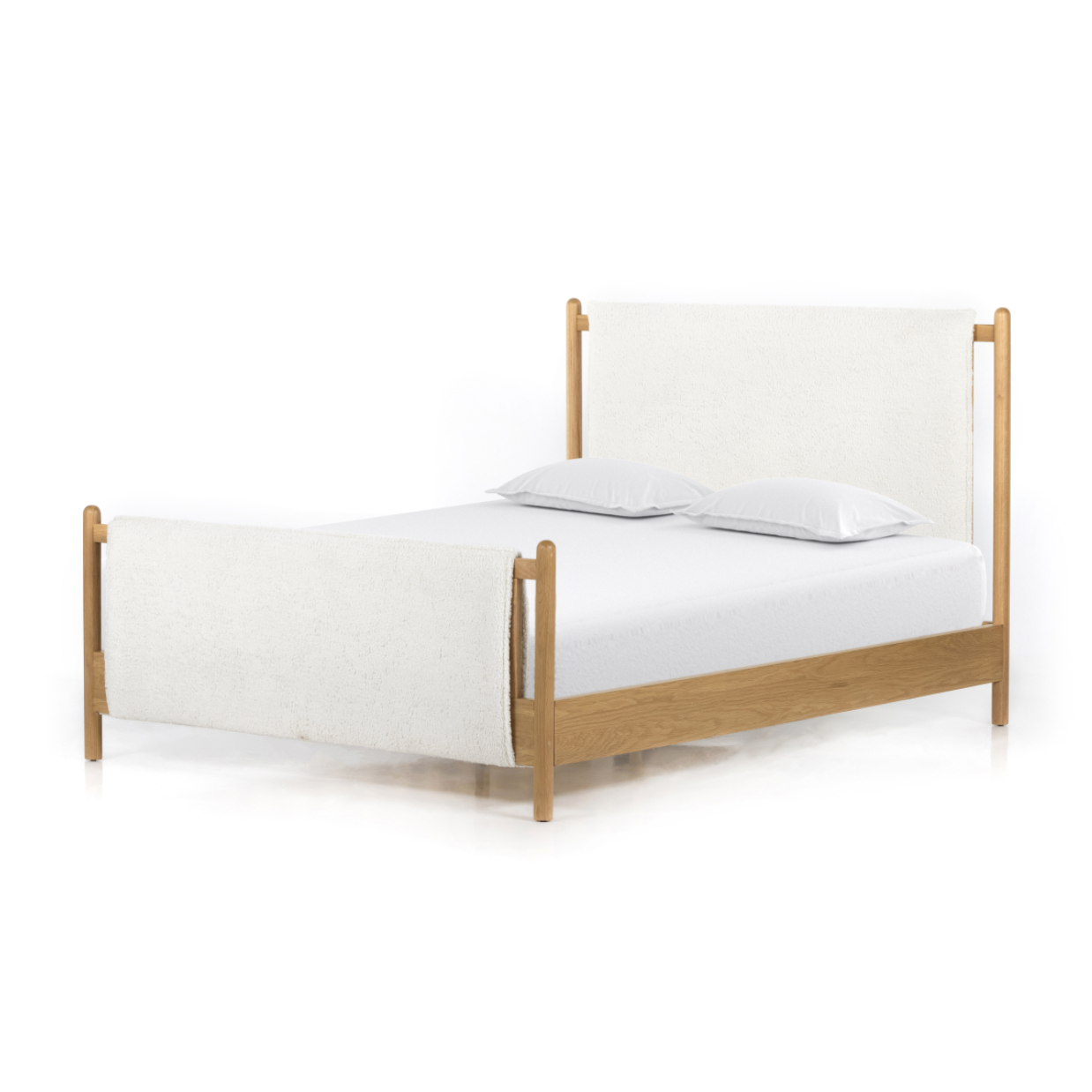 Bring a cozy hygge vibe to the bedroom with this textured Bowen Bed. Framed by light-finished solid oak, a sling-style bed features faux shearling head and foot boards -- sure to elevate any bedroom.   Queen Overall Dimensions: 64.25"w x 87.25"d x 48.00"h King Overall Dimensions: 80.25"w x 88.50"d x 48.00"h