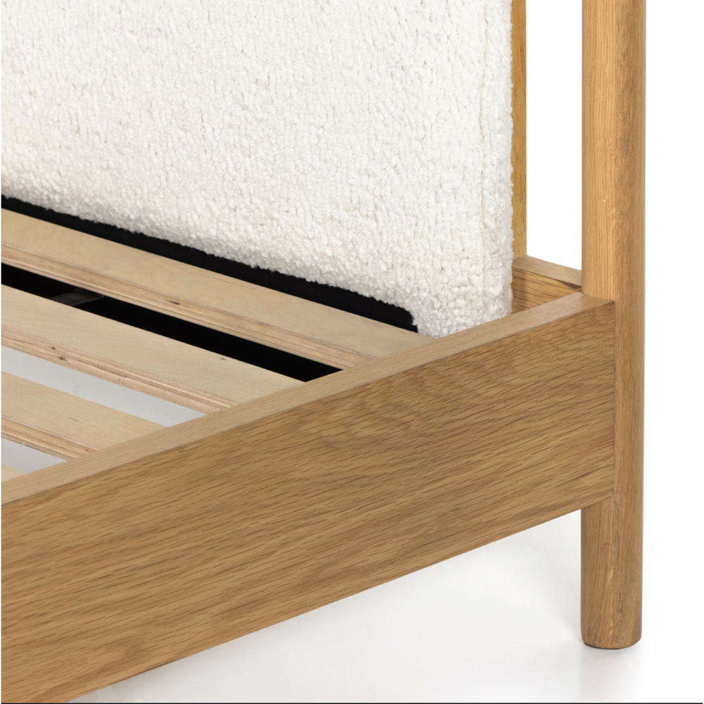 Featuring Bowen Bed by Four Hands at Amethyst Home. Bring a cozy hygge vibe to the bedroom with this textured Bowen Bed. Framed by light-finished solid oak, a sling-style bed features faux shearling head and foot boards -- sure to elevate any bedroom. 
Queen Overall Dimensions: 64.25"W x 87.25"L x 48"HKing Overall Dimensions: 80.25"W x 88.50"L x 48"H
Colors.  Amethyst Home provides interior design, new home construction design consulting, vintage area rugs, and lighting in the Portland metro area.