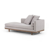 This Brady Chaise is upholstered in gorgeous, vail silver/distressed natural performance-grade with a beautiful parawood base.  Place in your living room or lounge area and transform your morning coffee routine space!  Overall Dimensions: 85.00"w x 35.00"d x 29.00"h Colors: Vail Silver, Distressed Natural Materials: 100% Polyester, Parawood Fabric: Performance