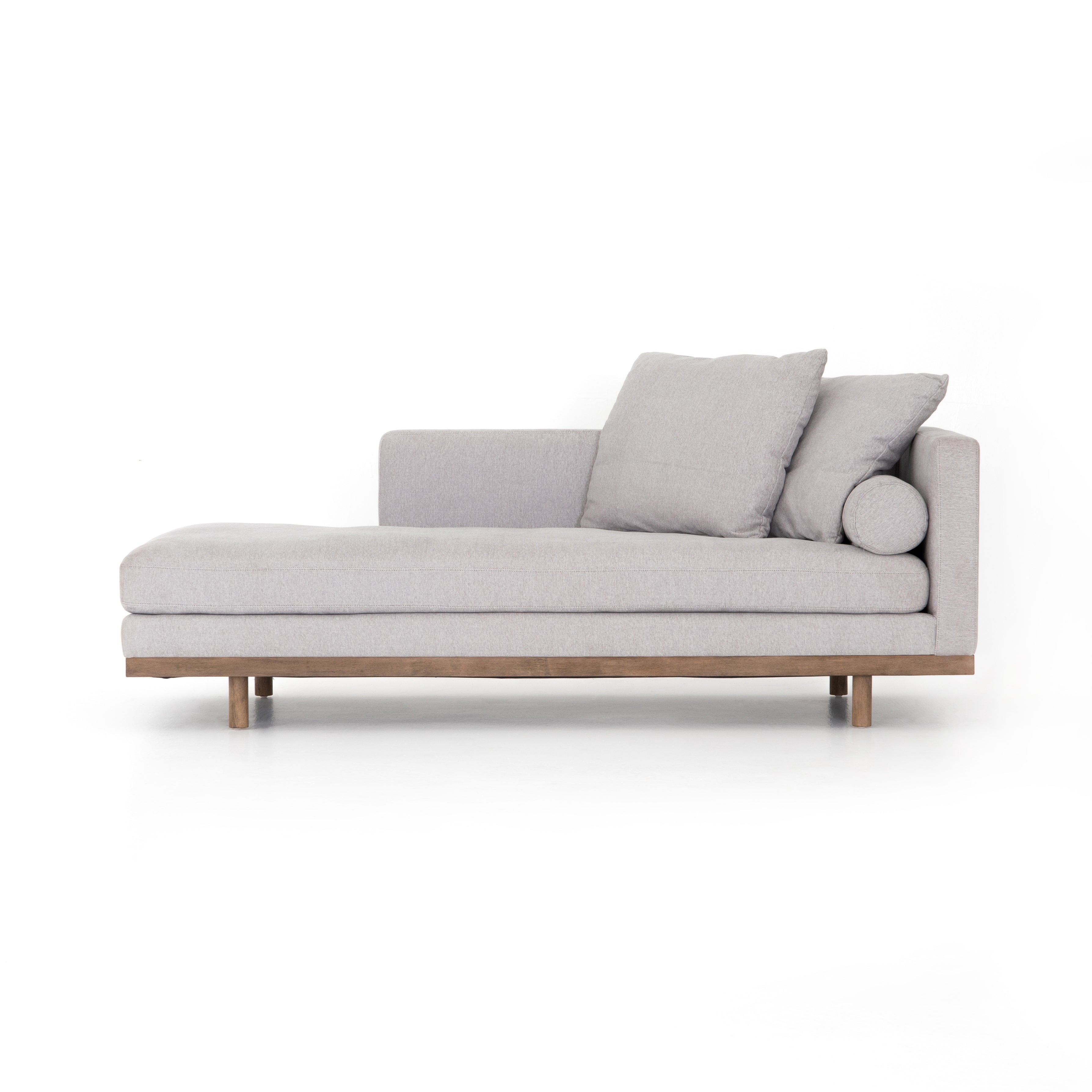 This Brady Chaise is upholstered in gorgeous, vail silver/distressed natural performance-grade with a beautiful parawood base.  Place in your living room or lounge area and transform your morning coffee routine space!  Overall Dimensions: 85.00"w x 35.00"d x 29.00"h Colors: Vail Silver, Distressed Natural Materials: 100% Polyester, Parawood Fabric: Performance