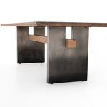 This Brennan Dining Table - Dove Oak has a rectangular soft-grey oak tabletop and flaunts its materials' natural graining, for a richly organic takeaway. Wide, plank-style legs of pewter-finished steel features an ombre pattern -- a statement piece for any dining room or kitchen area.   Overall Dimensions: 94.00"w x 42.00"d x 30.00"h
