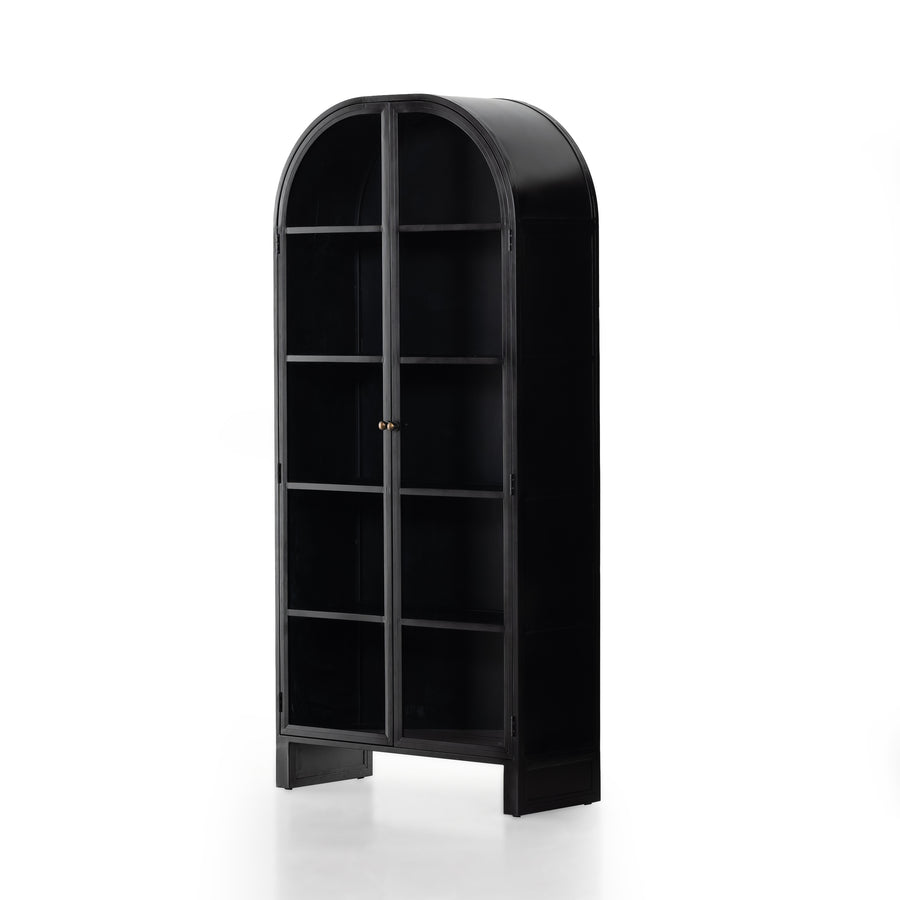 Store it in style with this Breya Cabinet - Black. Made from black-finished iron, beautifully arched cabinetry features glass-front doors, ideal for storing and displaying favorite books, photos, keepsakes, and more.  Overall Dimensions: 40.00"w x 16.25"d x 86.75"h