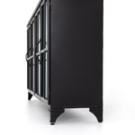 A black iron frame with windowpane detail contrasts a stark white interior for an updated take on the traditional media console. Open-front glass doors and ample shelving maximize storage and display options.  Size: 94.50"w x 16.00"d x 39.50"h Colors: Tempered Glass, Painted White, Black Materials: Glass, Iron