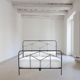 Modern geometric patterns update a design inspired by vintage European hospital beds. Simple iron tubing looks airy and feels substantial. Low-profile box spring recommended.  King Size Overall Dimensions: 77.50"w x 83.50"d x 51.00"h Queen Size Overall Dimensions: 61.50"w x 84.00"d x 51.50"h Twin Size Overall Dimensions: 40.50"w x 78.50"d x 51.00"h  Colors: Sandblasted Vintage Black Materials: Iron