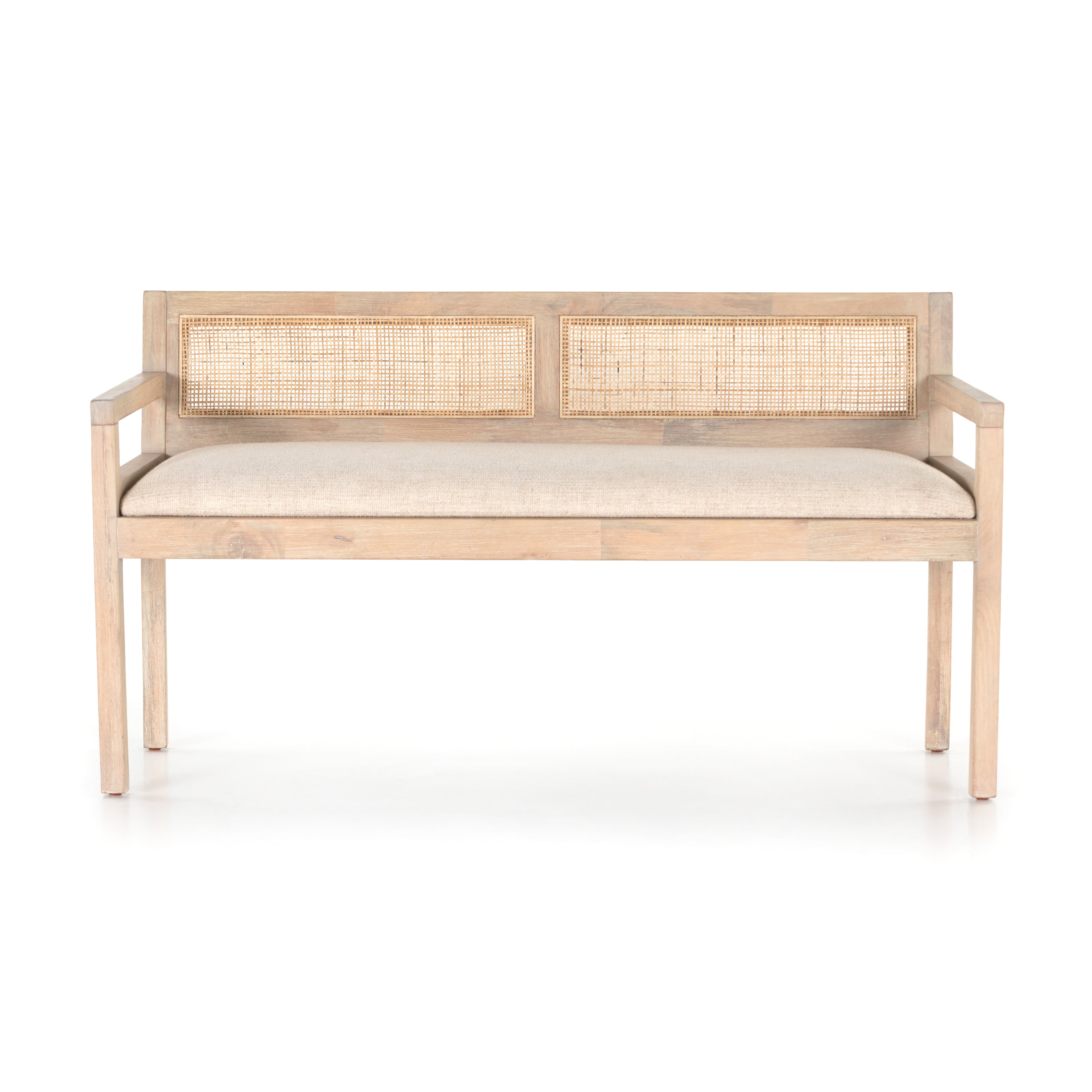 We are swooning over the mid-century inspired Clarita Accent Bench - White Wash Mango with it's natural cane and gorgeous white wash mango frame. A perfect place to sit and drink your coffee or have some extra seating for your guests.   Overall Dimensions: 54.00"w x 19.75"d x 28.75"h