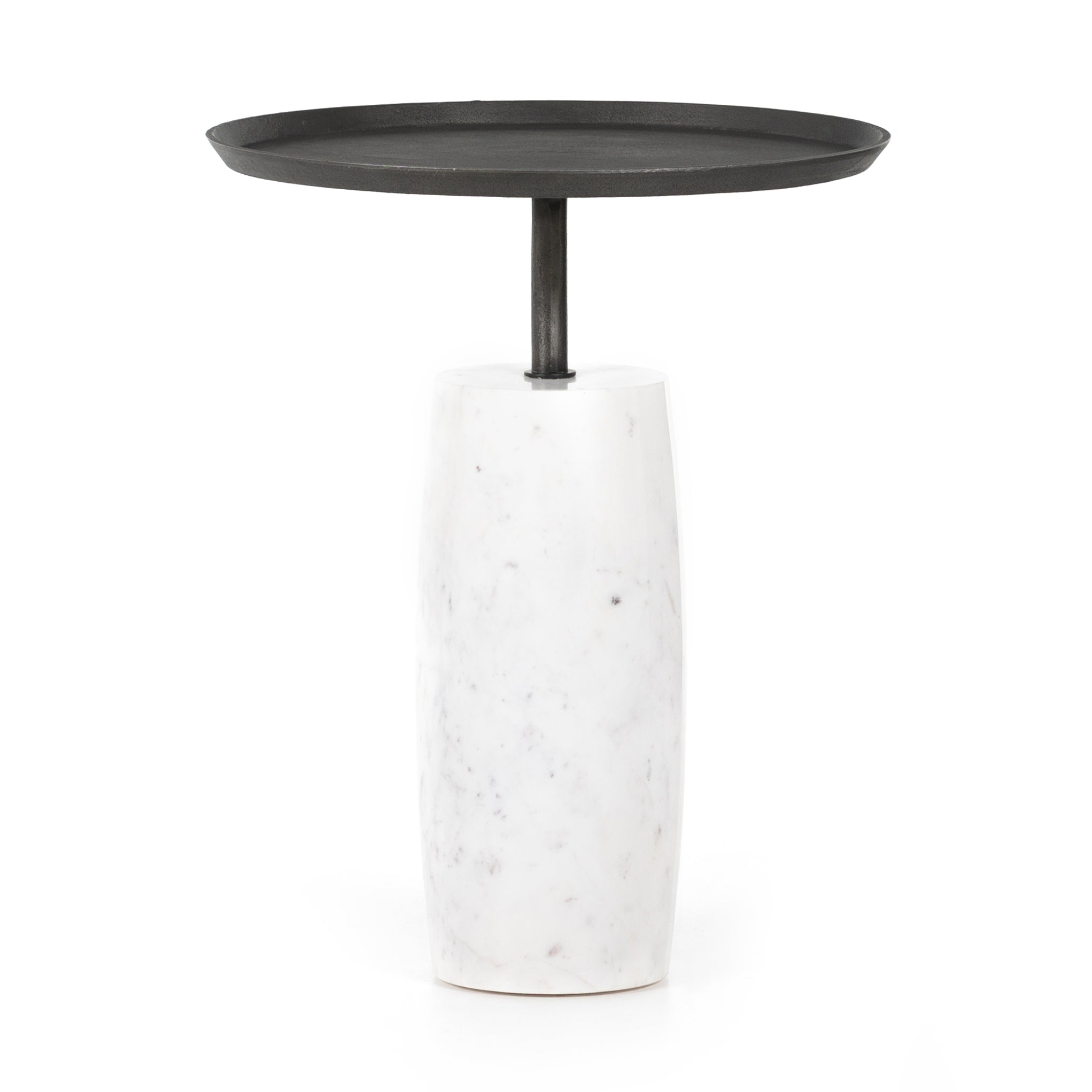 Simply sophisticated with this Cronos End Table - Polished White Marble. Finished in a polished white, a solid turned marble base supports a tray-style tabletop of grey-hammered iron, spurring beautifully eye-catching contrast for any living room or bedroom.   Overall Dimensions: 19.75"w x 19.75"d x 24.75"h