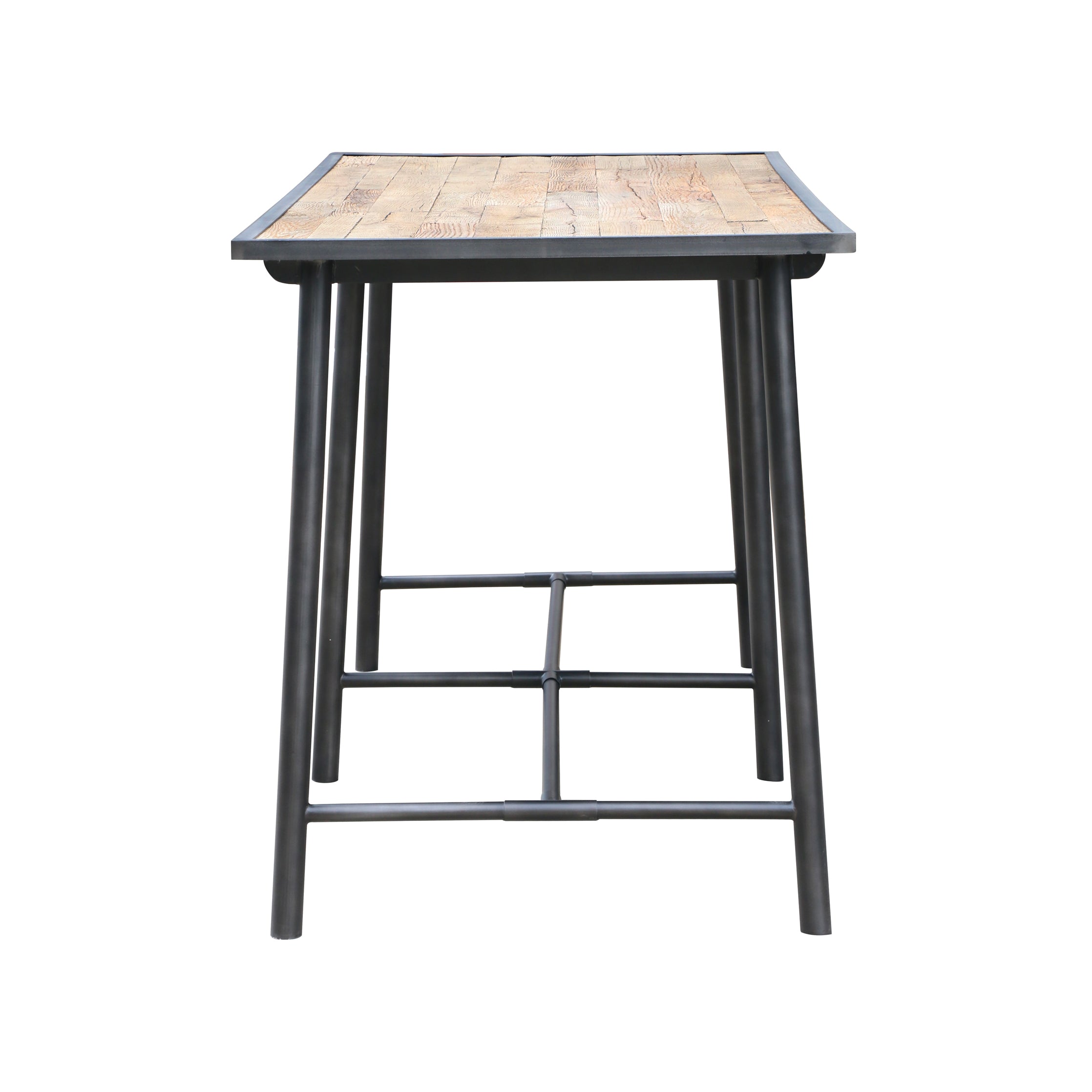 Freshly tailored shaping takes on a distinctively found feel on this Duke Bar Table - Washed Old Oak. Slim iron legs of waxed black stand tall to support a rough-hewn oak top for a clean, casual pub-style look for any patio area.   Overall Dimensions: 86.50"w x 35.75"d x 41.75"h