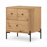 This Eaton Nightstand - Light Oak has a gorgeous, thick oak veneer with thin, iron legs. With one large drawer and two smaller drawers, this is the perfect nightstand to complete your bedroom.   Overall Dimensions: 23.50"w x 18.50"d x 26.00"h Colors: Dark Gunmetal, Light Oak Resin Materials: Iron, Thick Oak Veneer