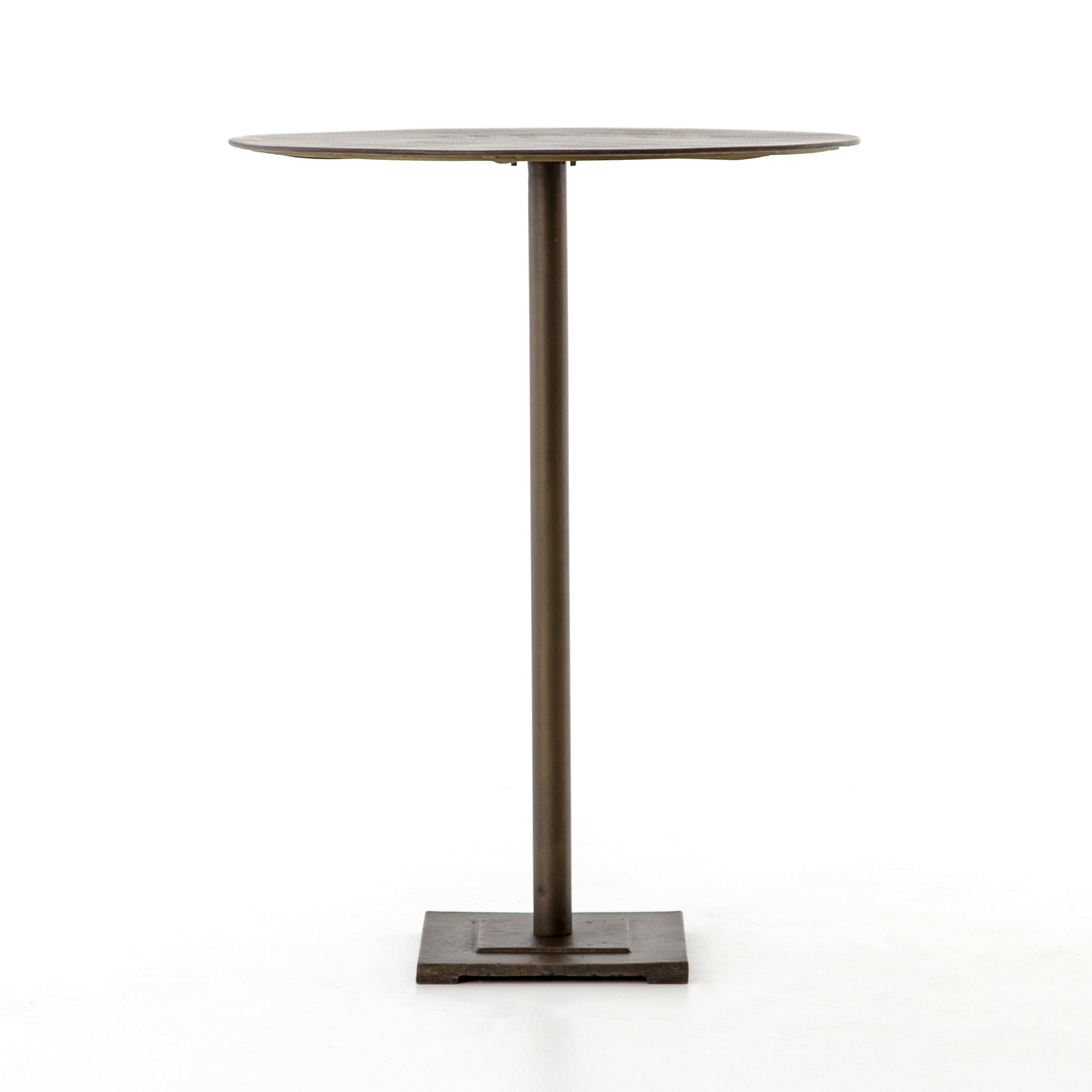 We love the antique brass finish of this Fannin Bar + Counter Table. The acid-etched top pattern sets an industrial pace for this pedestal-style bistro table, perfect for any lounge or bar area.   Colors: Aged Brass, Acid Etched Aged Brass Materials: Iron