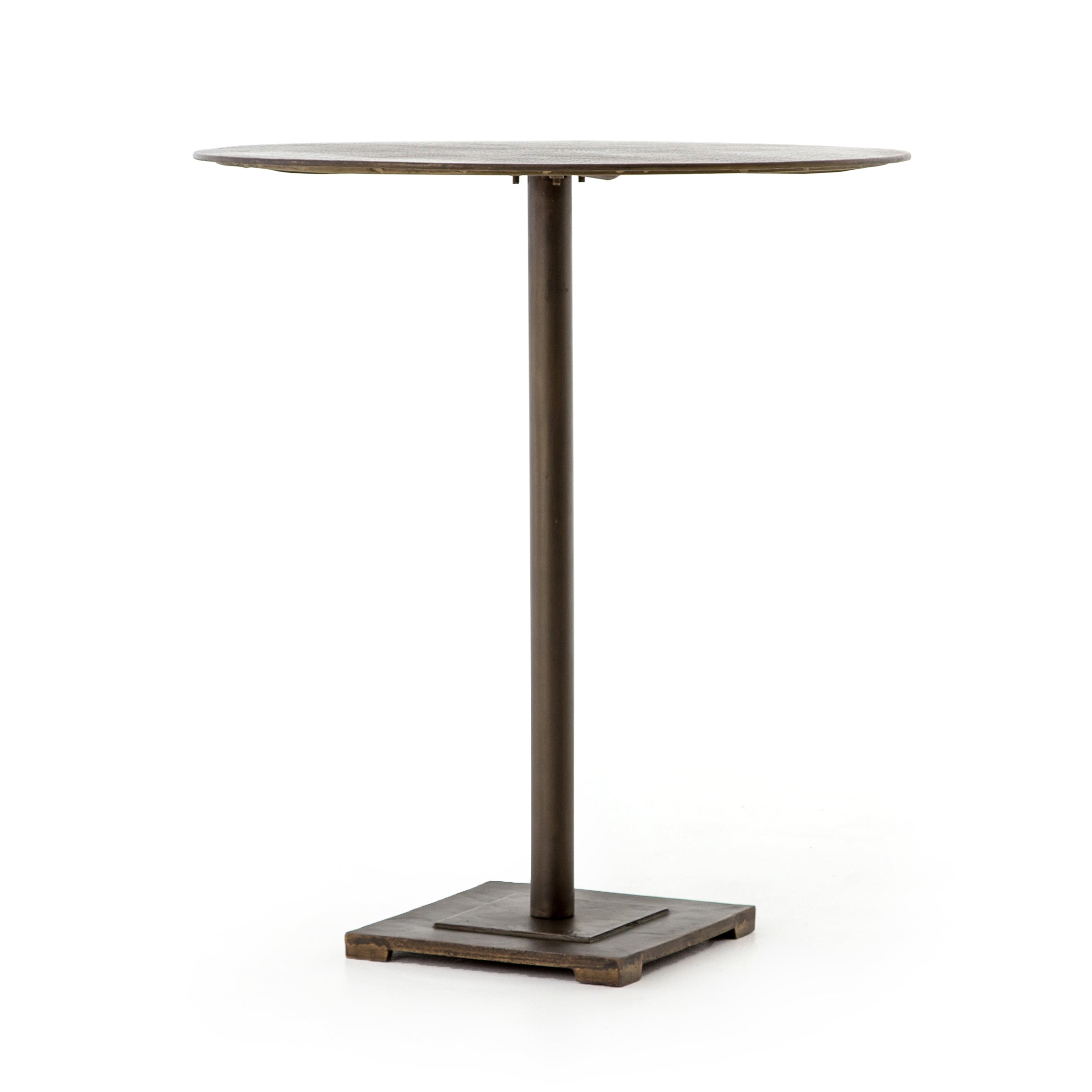 We love the antique brass finish of this Fannin Bar + Counter Table. The acid-etched top pattern sets an industrial pace for this pedestal-style bistro table, perfect for any lounge or bar area.   Colors: Aged Brass, Acid Etched Aged Brass Materials: Iron