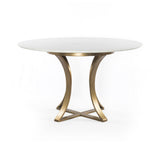 Featuring Gage Dining Table - Polished White Marble by Four Hands at Amethyst Home. Sophisticated materials take a cue from modern geometry. Cast brass iron forms uniquely-curved angles to balance a contrasting polished white marble top. A refined spin on trend-forward design.
Dimensions: 48"W x 48"L x 30"H, or 60"W x 60"L x 30"H 
Colors: Cast Brass, Polis.  Amethyst Home provides interior design, new home construction design consulting, vintage area rugs, and lighting in the Park City metro area.