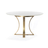 Sophisticated materials take a cue from modern geometry. Cast brass iron forms uniquely-curved angles to balance a contrasting polished white marble top. A refined spin on trend-forward design.  Dimensions: 48"w x 48"d x 30"h, or 60"w x 60"d x 30"h    Colors: Cast Brass, Polished White Marble Materials: Iron, Marble