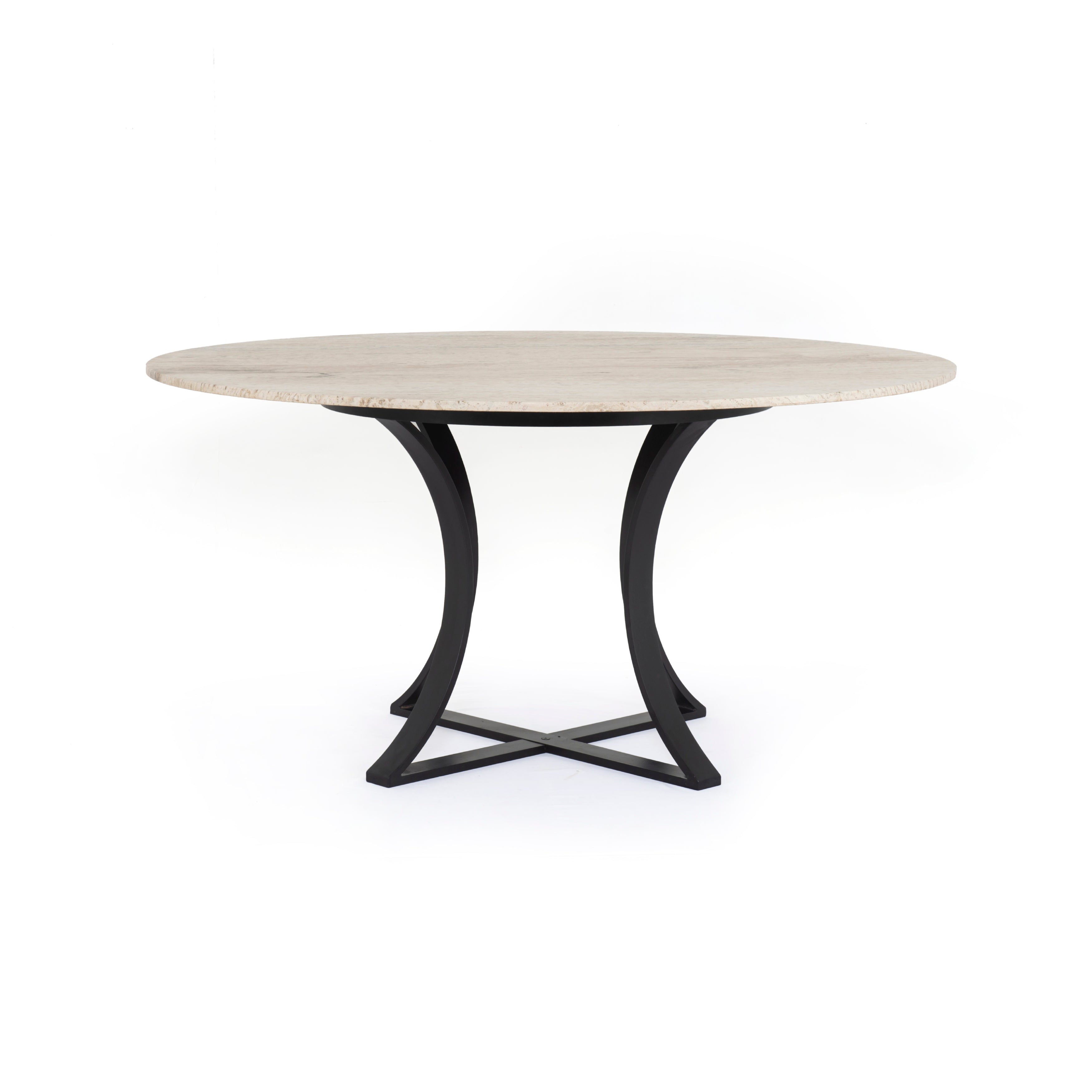 Natural materials take a cue from modern geometry with this Gage Dining Table - White Travertine. Black-finished iron forms unique angles to balance a contrasting tabletop of beautiful white travertine. Seats six to eight comfortably.